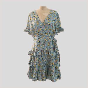 Lulus Blue Floral Ruffle Garden Party Short Sleeve V Neck Mini Dress NWT XL